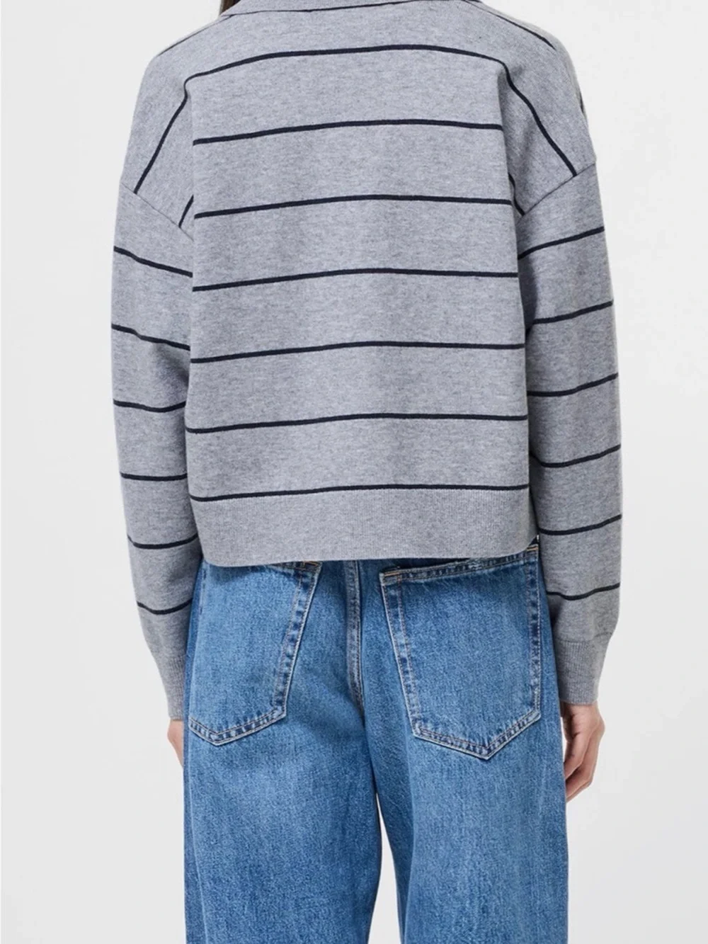 French Connection Gray Striped Collared V-Neck Sweater - Picture 3 of 5